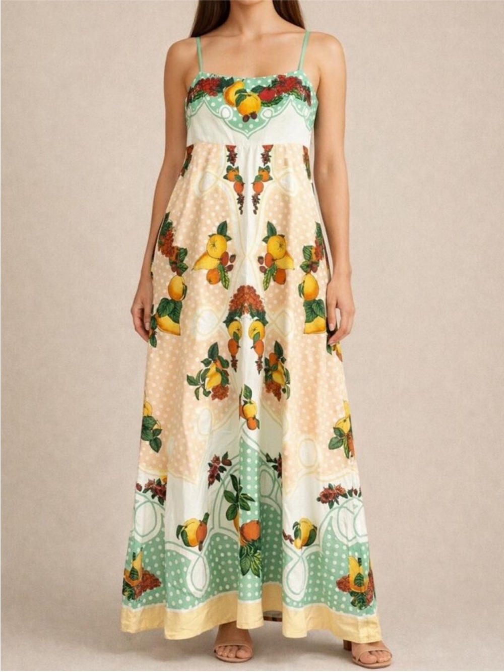 Caroline Constas Fruit Print Linen Blend Maxi Dress Sz L